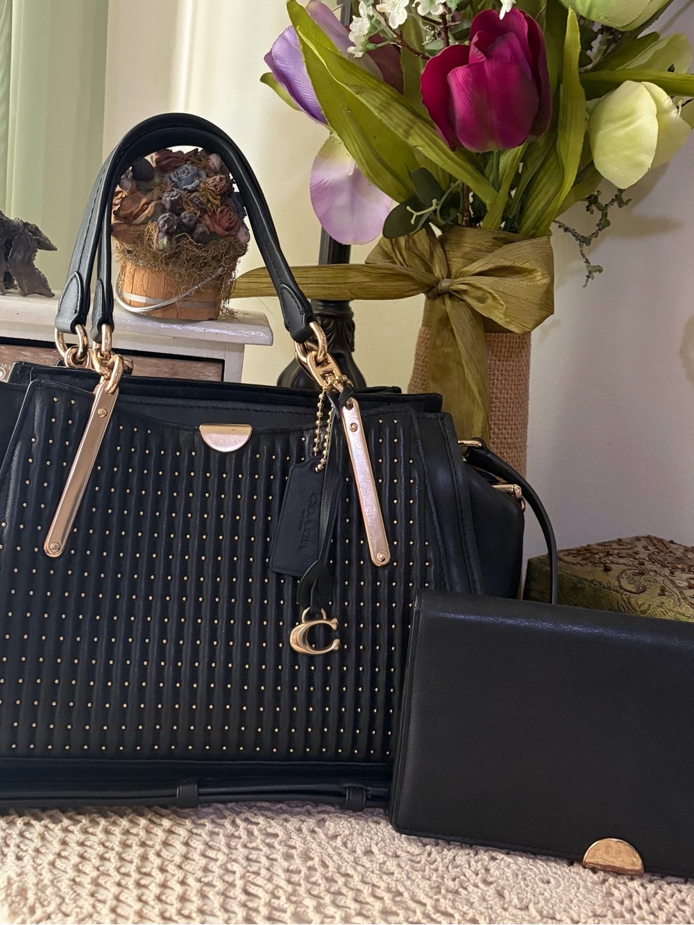 Coach Quilted Black Dreamer w/ Gold Hardware and Stud Detailing